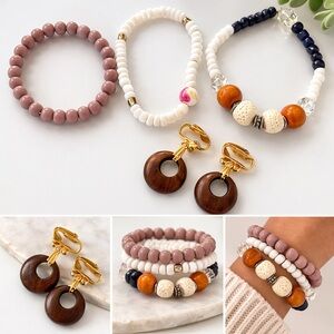 🪵 Boho Beaded Bracelet Stack + Wood Hoop Earrings